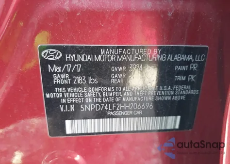 2017 Hyundai Elantra Se from USA, damaged, VIN 5NPD74LF2HH206696